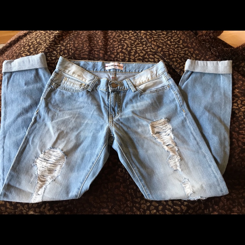 Etienne Marcel double red zipper distressed jeans.